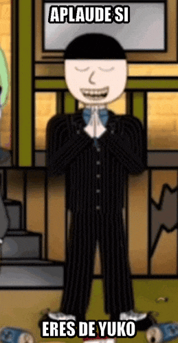 a cartoon character in a suit praying with the words aplaude si eres de yuko below him