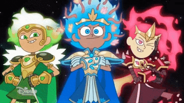 a group of three cartoon characters are standing next to each other in a row .