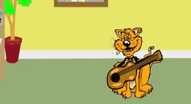 a cartoon cat playing a guitar in a room