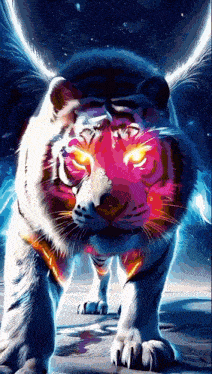 a painting of a white tiger with glowing red eyes