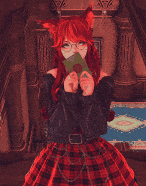 a girl with red hair and glasses is holding an envelope in her hands