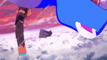 a cartoon character is flying through the clouds with a purple background