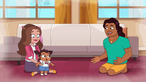 a cartoon of a woman kneeling down holding a child