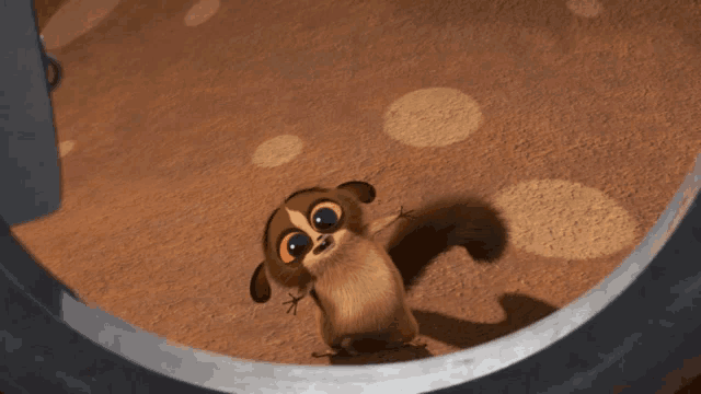 a cartoon squirrel is standing in a circle on a brown surface