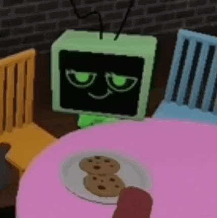 a cartoon character is sitting at a table with a plate of cookies and a sausage .