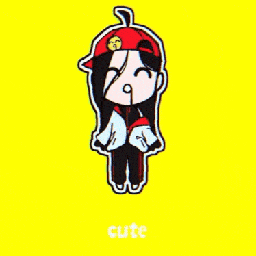 a cartoon of a girl wearing a red hat with the word cute underneath her