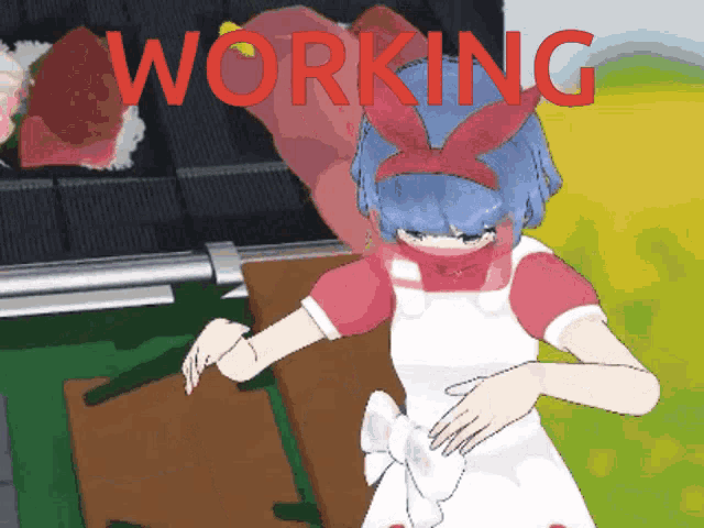 a cartoon of a girl with the word working in red
