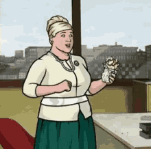 a woman in a white top and green skirt is holding a bag of food