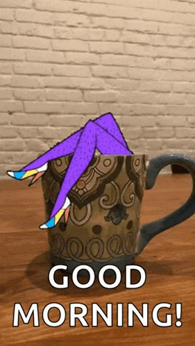 a cartoon of a woman 's legs sticking out of a cup with the words " good morning " below it