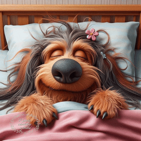 a cartoon dog with a flower in its hair is laying in bed