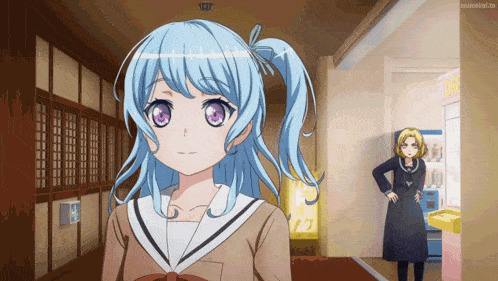 a girl with blue hair and purple eyes stands in a hallway next to another girl