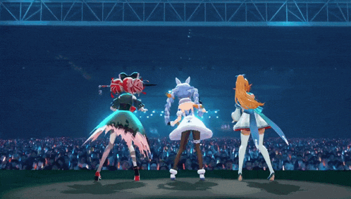 three anime girls are dancing on stage in front of a crowd