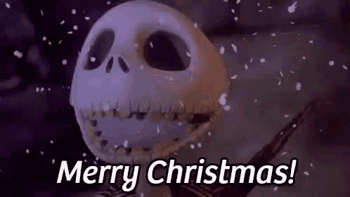 jack skellington from the nightmare before christmas is smiling in the snow .