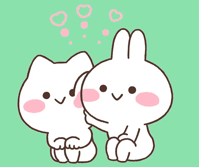 a cat and a bunny are hugging each other with hearts coming out of their heads