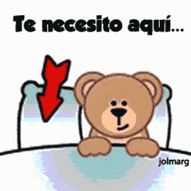 a teddy bear is laying in a bed with a red arrow pointing down