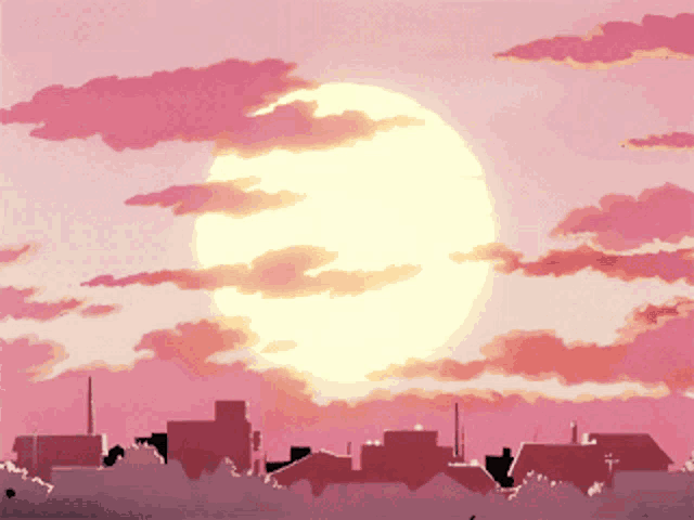 the sun is shining brightly in a pink cloudy sky over a city