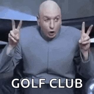 a bald man is giving a peace sign with his hands and the words golf club .