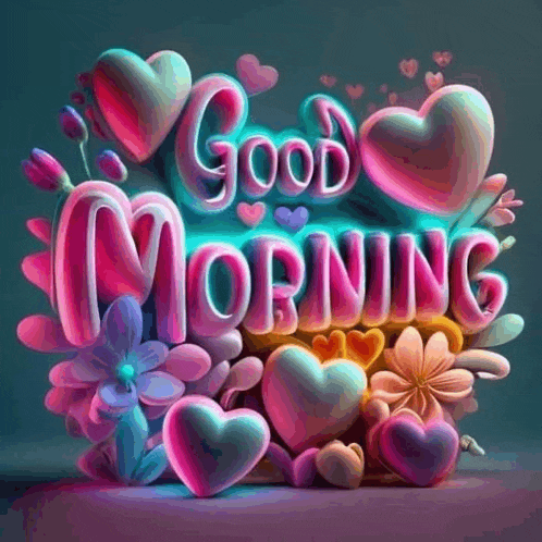 the words good morning are surrounded by colorful hearts and flowers