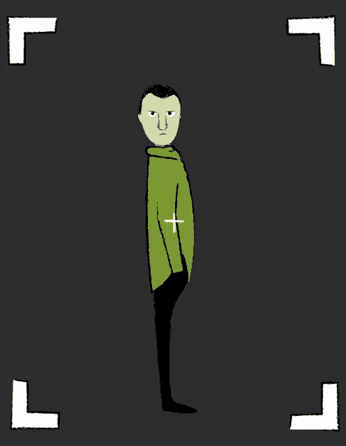 a drawing of a man in a green jacket with a white cross on his chest