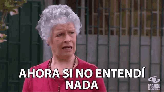 a woman with gray hair and a red shirt says " ahora si no entendi nada "