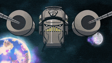 a cartoon drawing of a space ship with the letter p on the front