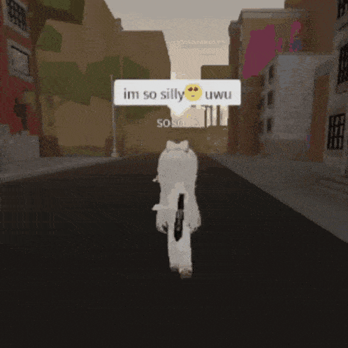 a cartoon character walking down a street with a sign that says im so silly uwu