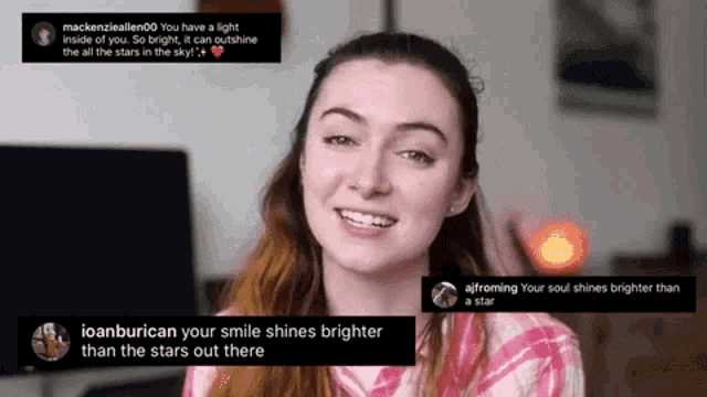 a woman in a plaid shirt is smiling with a caption that says your smile shines brighter than the stars out there ..
