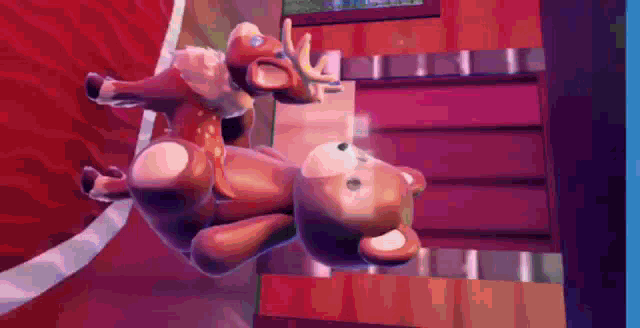 a teddy bear is flying through the air in a cartoon .