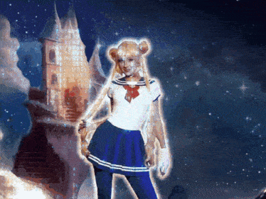 a girl in a sailor moon costume is standing in front of a castle
