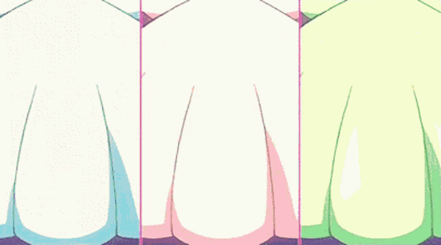 three different colored umbrellas are lined up in a row on a pink background