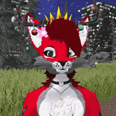 a red and white furry animal with a crown on its head