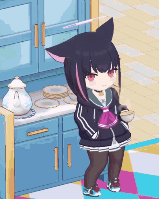a girl with a cat ear holding a cup of tea