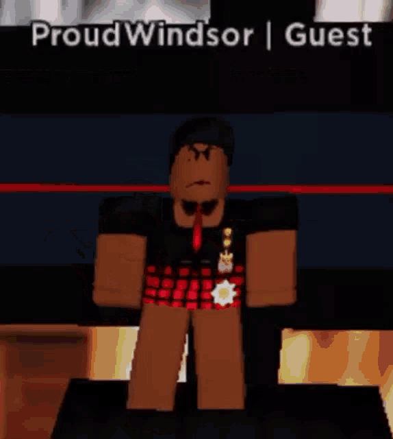 a roblox character with the name proud windsor on the bottom