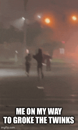 a blurry picture of people walking down a street with the caption me on my way to groke the twinks