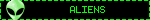 a green alien head is on a black background with the word aliens in green