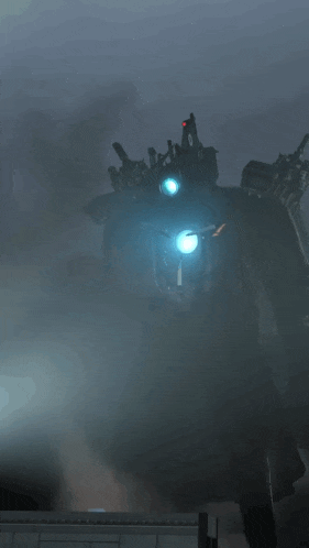 a giant robot with blue lights on its eyes