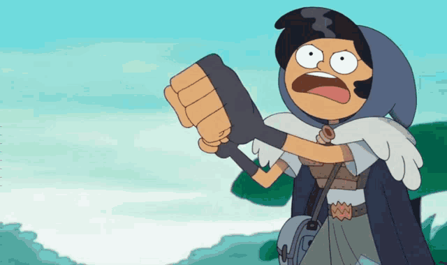 a cartoon character in a cape is holding a fist in the air