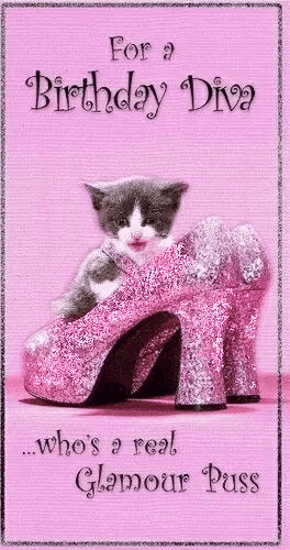 a kitten is sitting on top of a pink shoe on a birthday card .