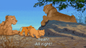 a cartoon of a lioness laying on a rock with two cubs and the caption yeah all right