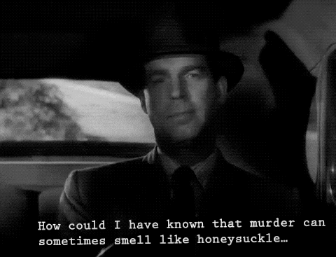 a man in a suit and hat says how could i have known that murder can sometimes smell like honeysuckle ....