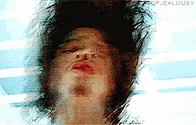a close up of a person 's face with the word jealousy on the bottom right