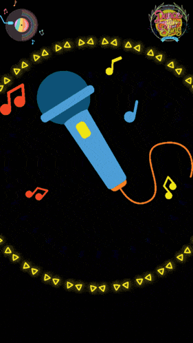a microphone is in the middle of a neon circle with music notes surrounding it