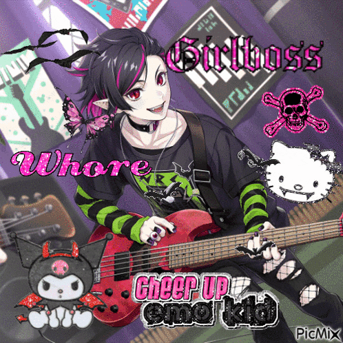 a picture of a girl playing a guitar with the words girlboss whore cheer up emo kid on the bottom