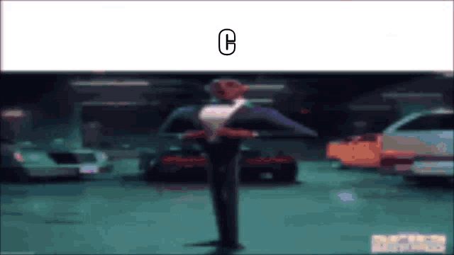 a man in a suit and tie is standing in a parking garage with cars behind him