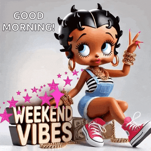 betty boop is sitting on a box with the words `` good morning ! weekend vibes '' .