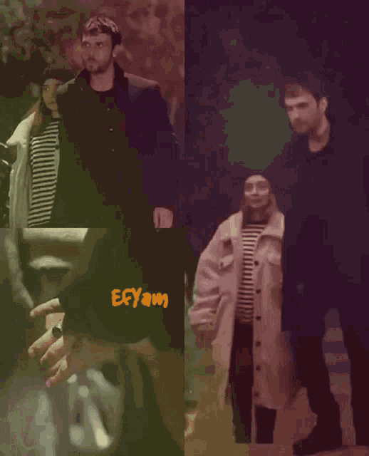 a man and a woman are standing next to each other with ecyam written on the bottom right