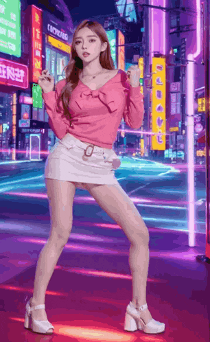a woman in a pink top and white skirt is standing in front of a neon sign that says ' chicago '
