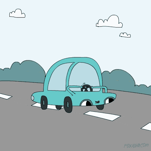 a cartoon of a car driving down a road with the website foxadhd.com in the corner