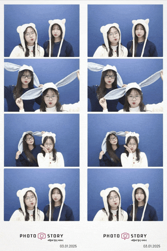 a photo booth with two girls wearing bear hats