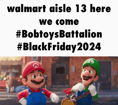 mario and luigi are standing next to each other in front of a sign that says walmart aisle 13 here we come
